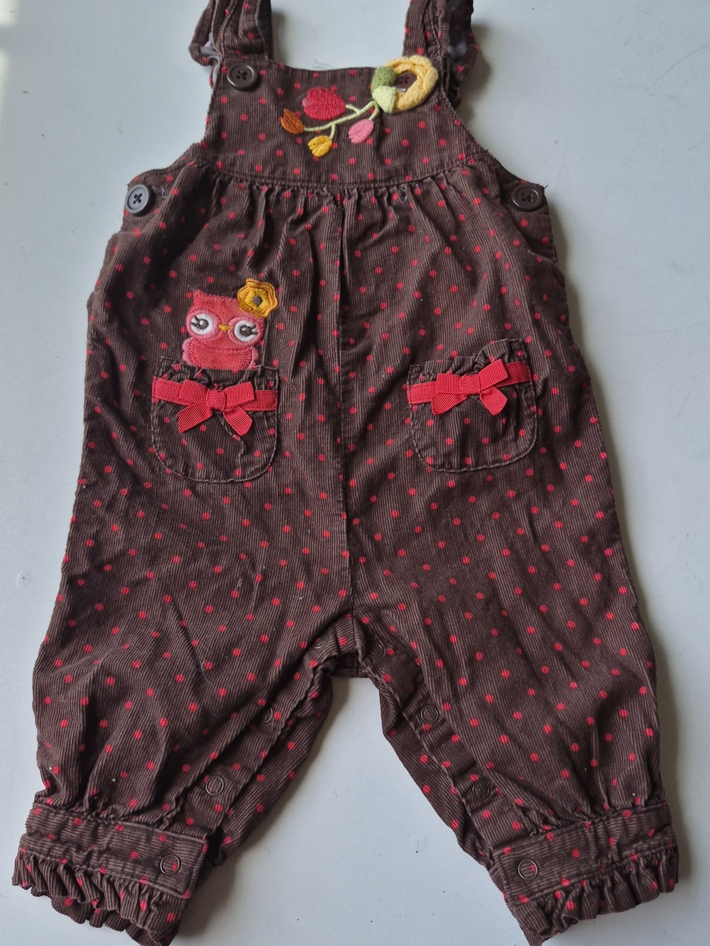 2013 Girls Brown & Pink Polka Dot Corduroy Overalls